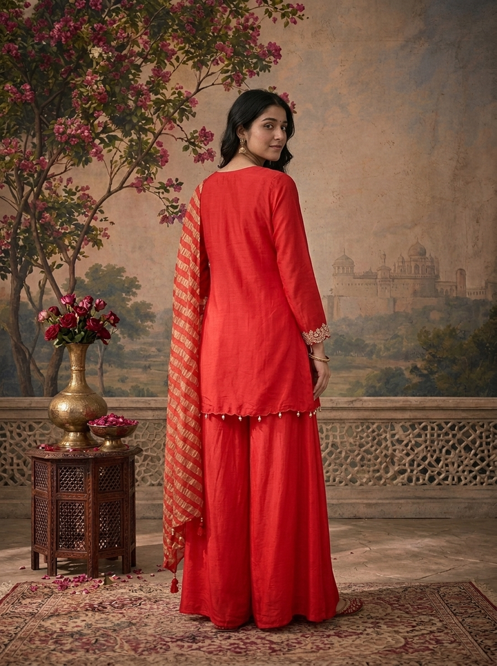 Red Modal Solid With Floral Embroidered Three Piece Set