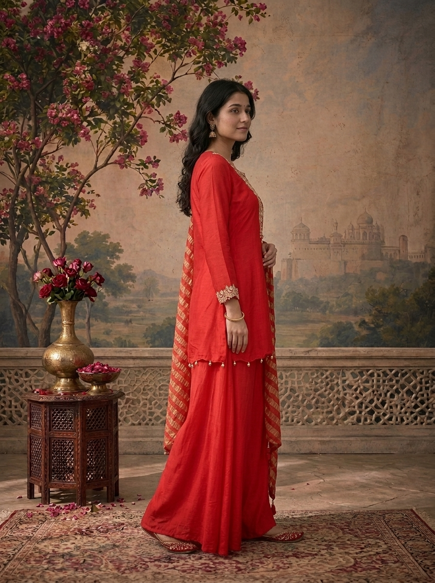 Red Modal Solid With Floral Embroidered Three Piece Set