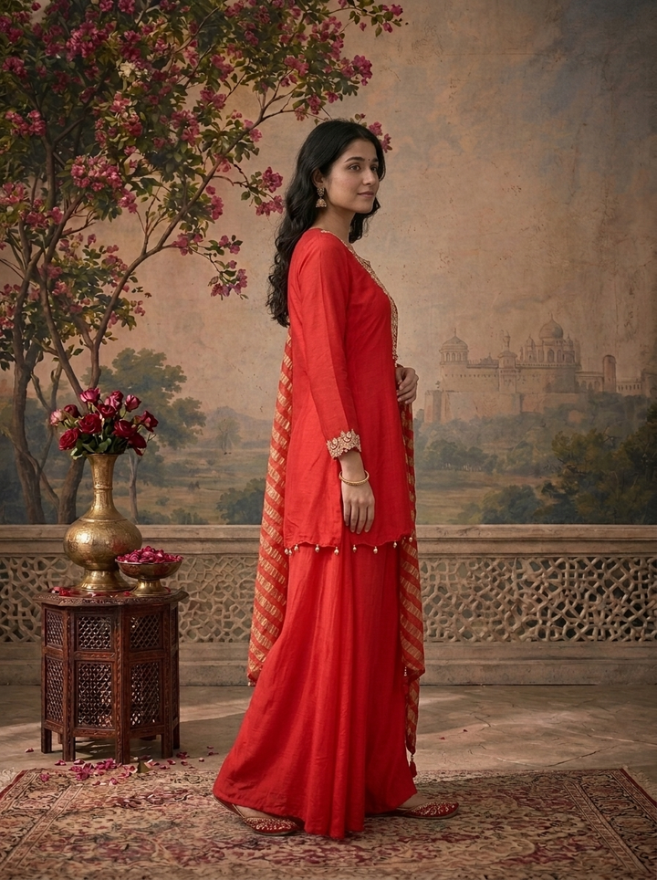 Red Modal Solid With Floral Embroidered Three Piece Set