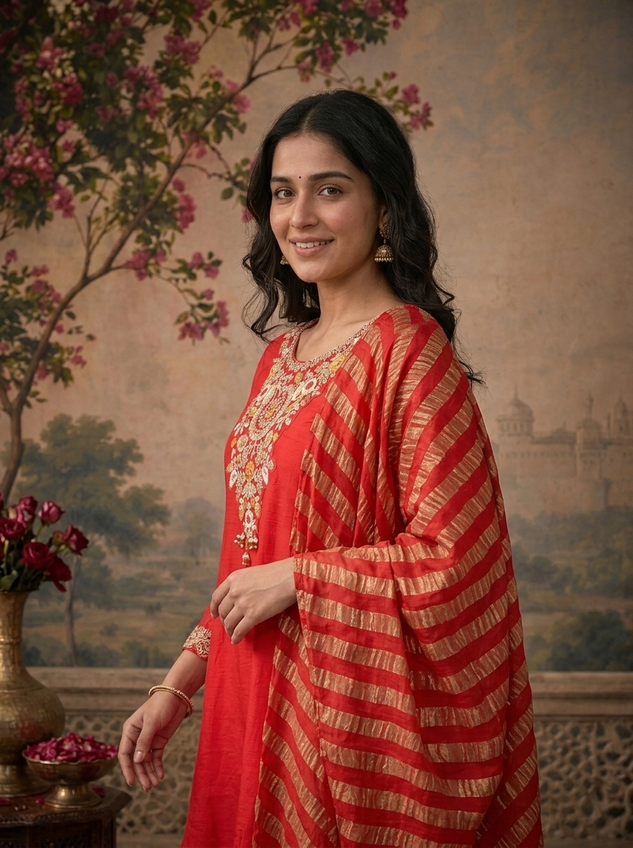 Red Modal Solid With Floral Embroidered Three Piece Set