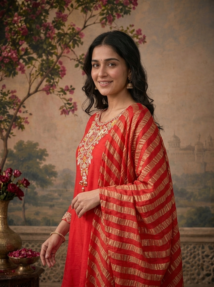 Red Modal Solid With Floral Embroidered Three Piece Set