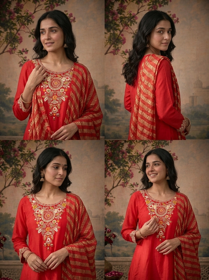 Red Modal Solid With Floral Embroidered Three Piece Set
