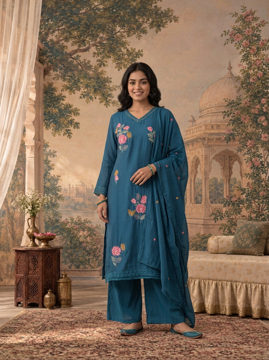 Teal Blue Muslin Floral Buti Thread Embroidered Three Piece Set