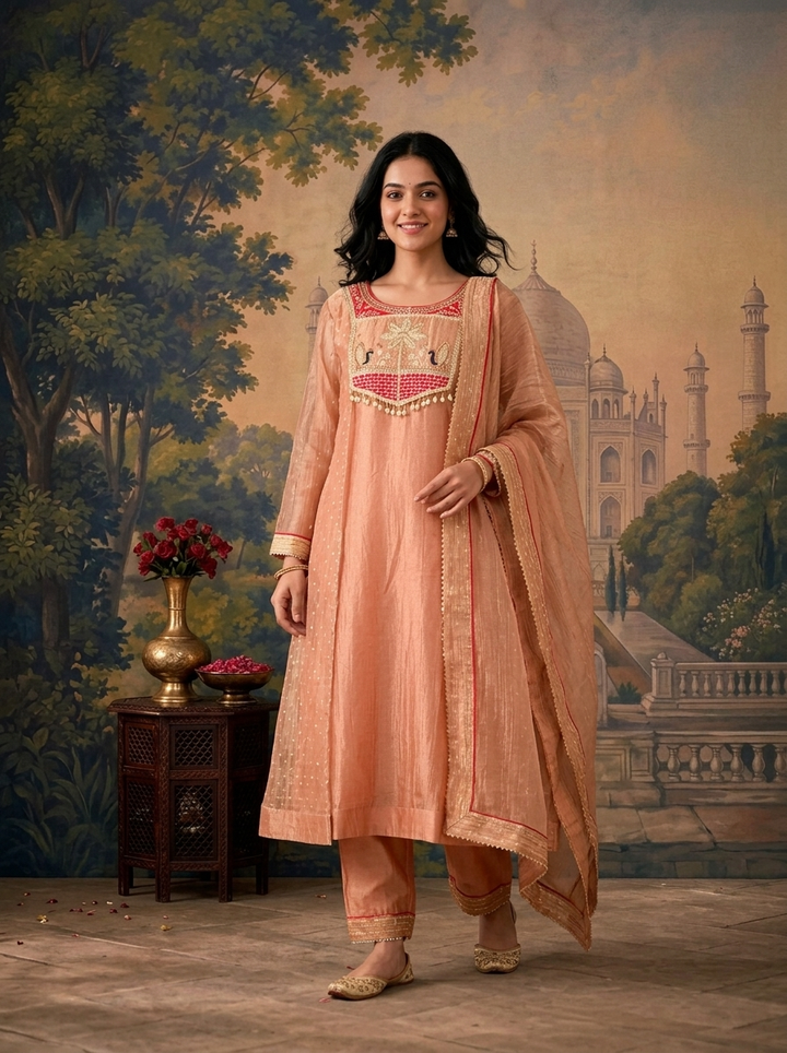Onion Tissue Solid With Peacock Embroidered Three Piece Set