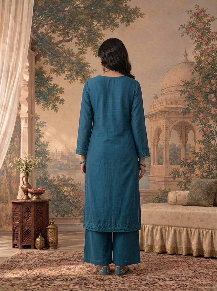 Teal Blue Muslin Floral Buti Thread Embroidered Three Piece Set