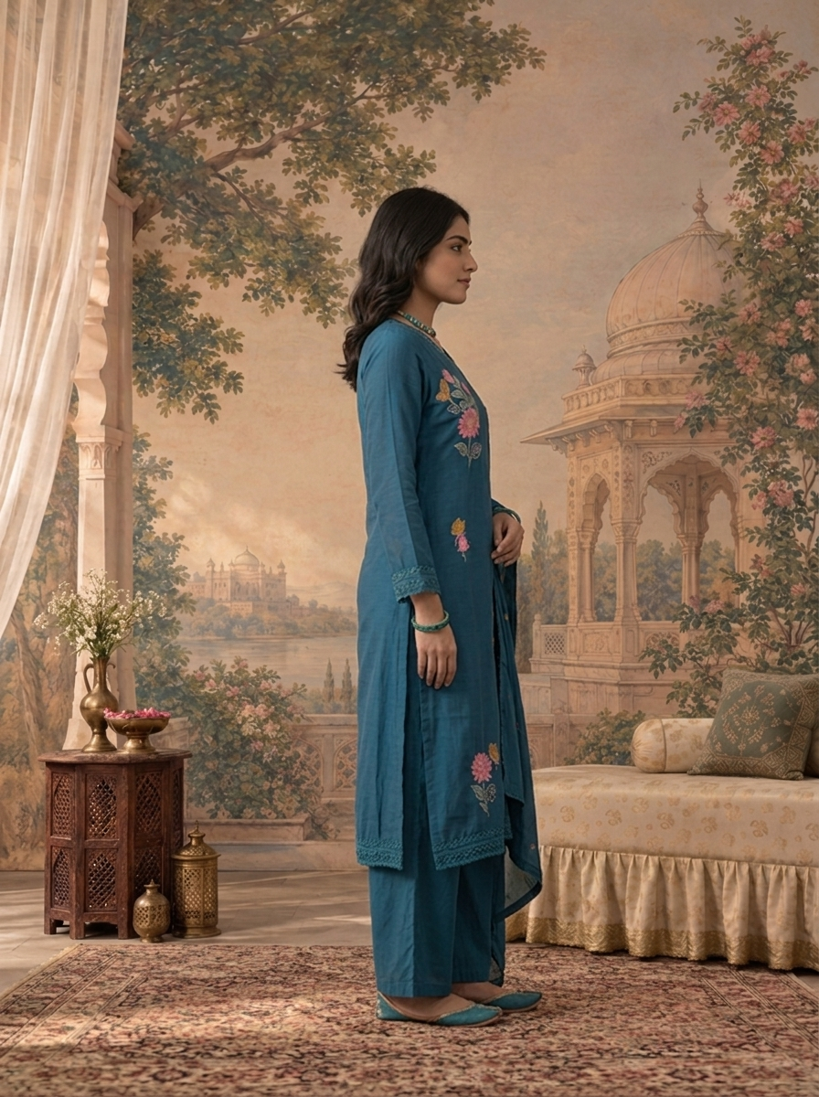 Teal Blue Muslin Floral Buti Thread Embroidered Three Piece Set