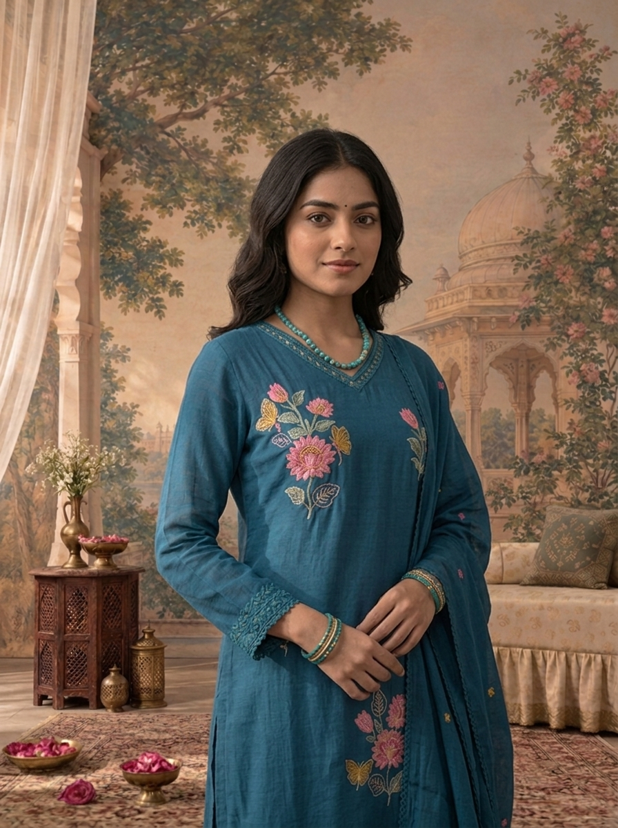 Teal Blue Muslin Floral Buti Thread Embroidered Three Piece Set
