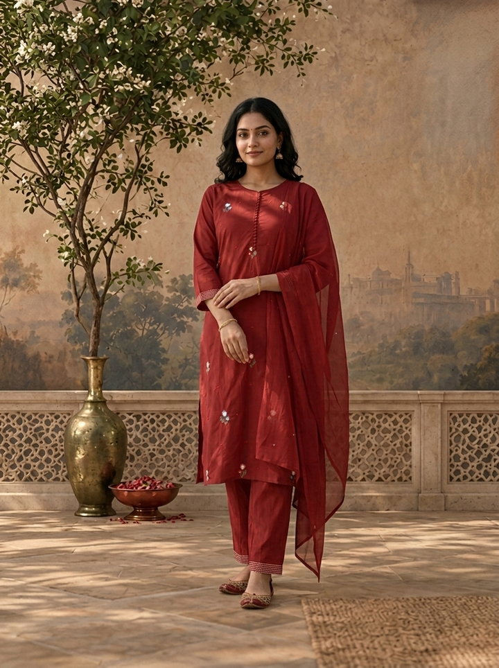Maroon Cotton Multicolor Floral Buti Embroidered Three Piece Set