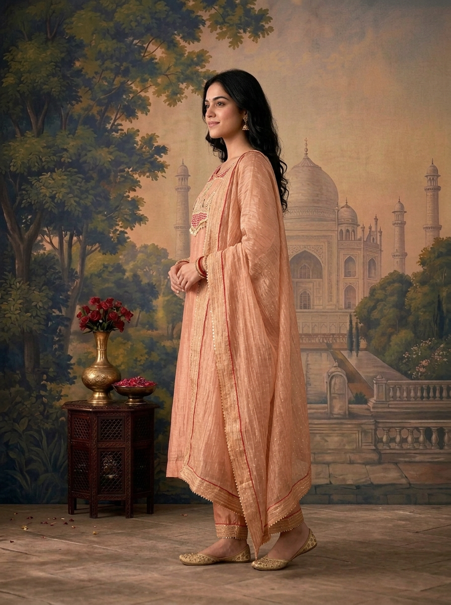 Onion Tissue Solid With Peacock Embroidered Three Piece Set