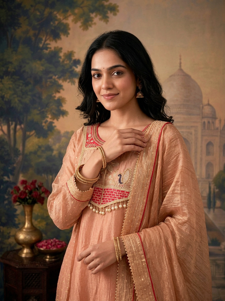 Onion Tissue Solid With Peacock Embroidered Three Piece Set