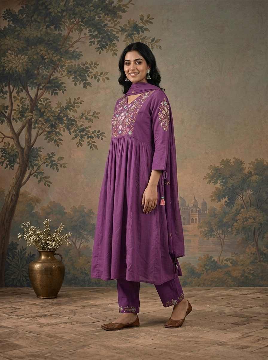 Purple Cotton Solid With Floral Resham Embroidered Three Piece Set