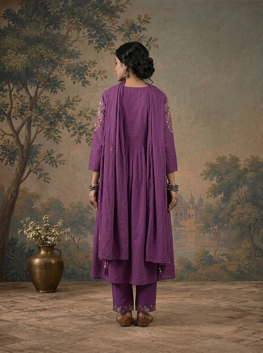 Purple Cotton Solid With Floral Resham Embroidered Three Piece Set
