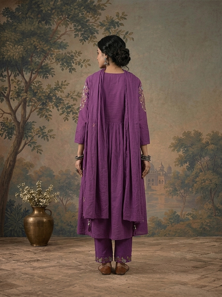 Purple Cotton Solid With Floral Resham Embroidered Three Piece Set