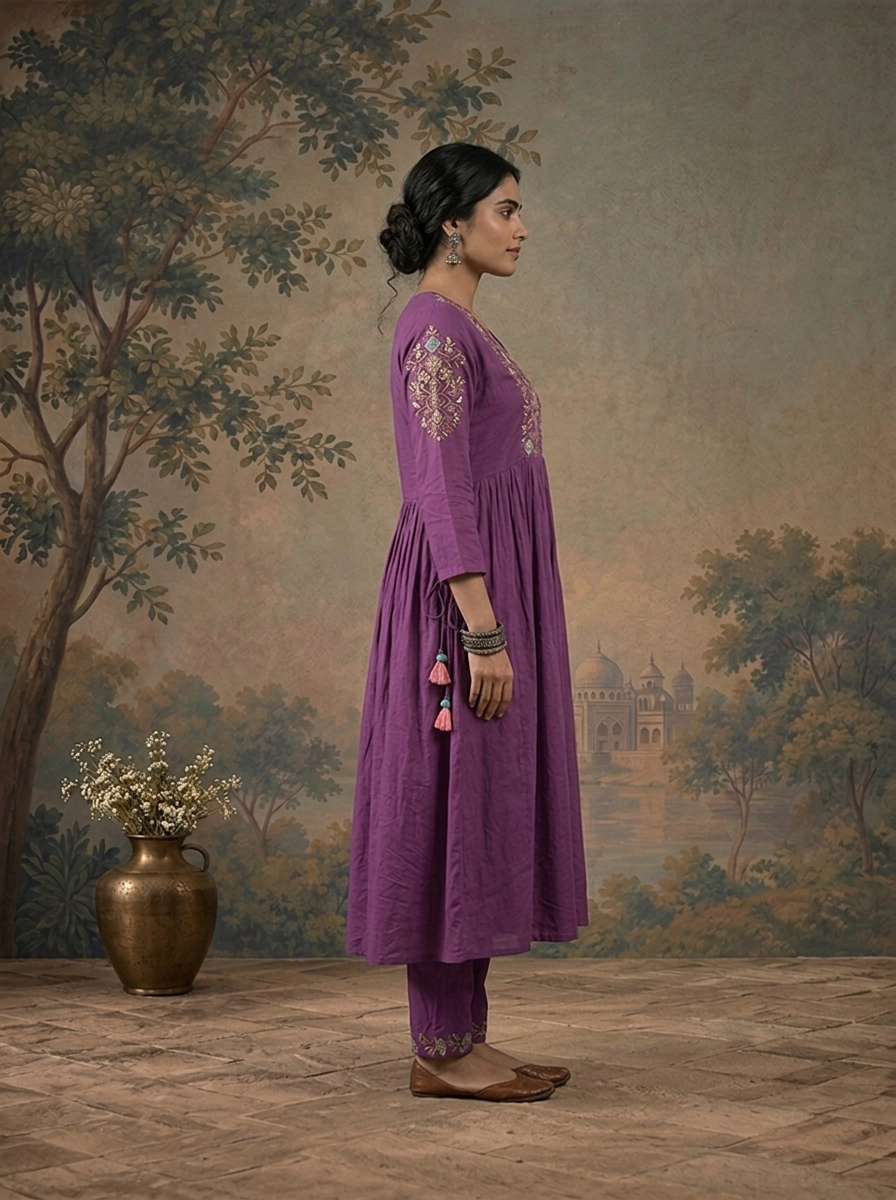 Purple Cotton Solid With Floral Resham Embroidered Three Piece Set
