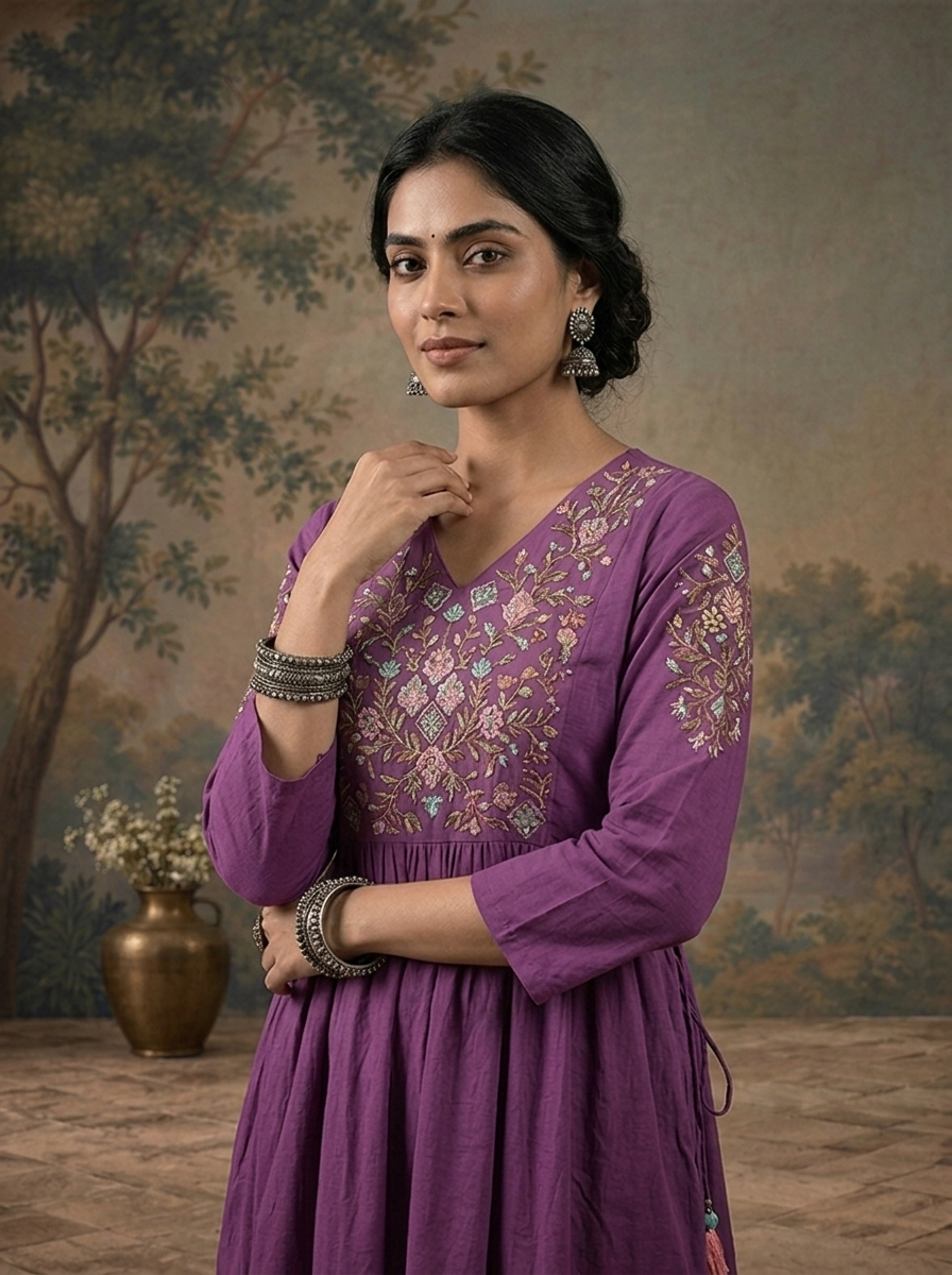 Purple Cotton Solid With Floral Resham Embroidered Three Piece Set