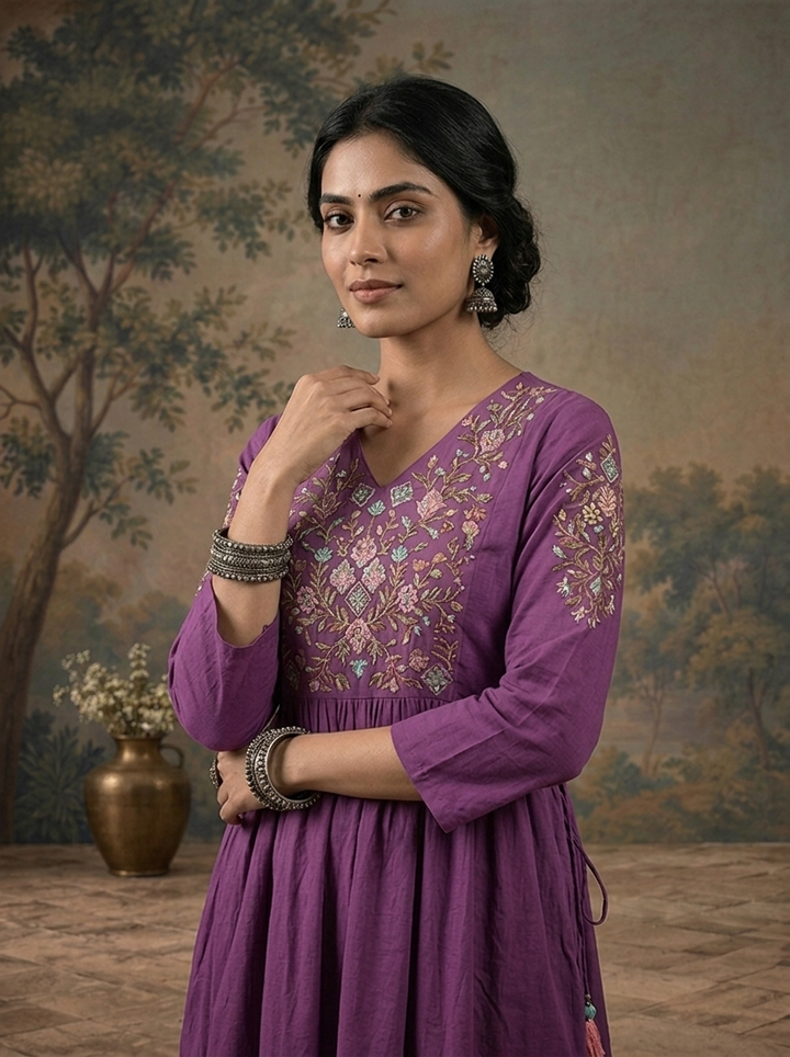 Purple Cotton Solid With Floral Resham Embroidered Three Piece Set