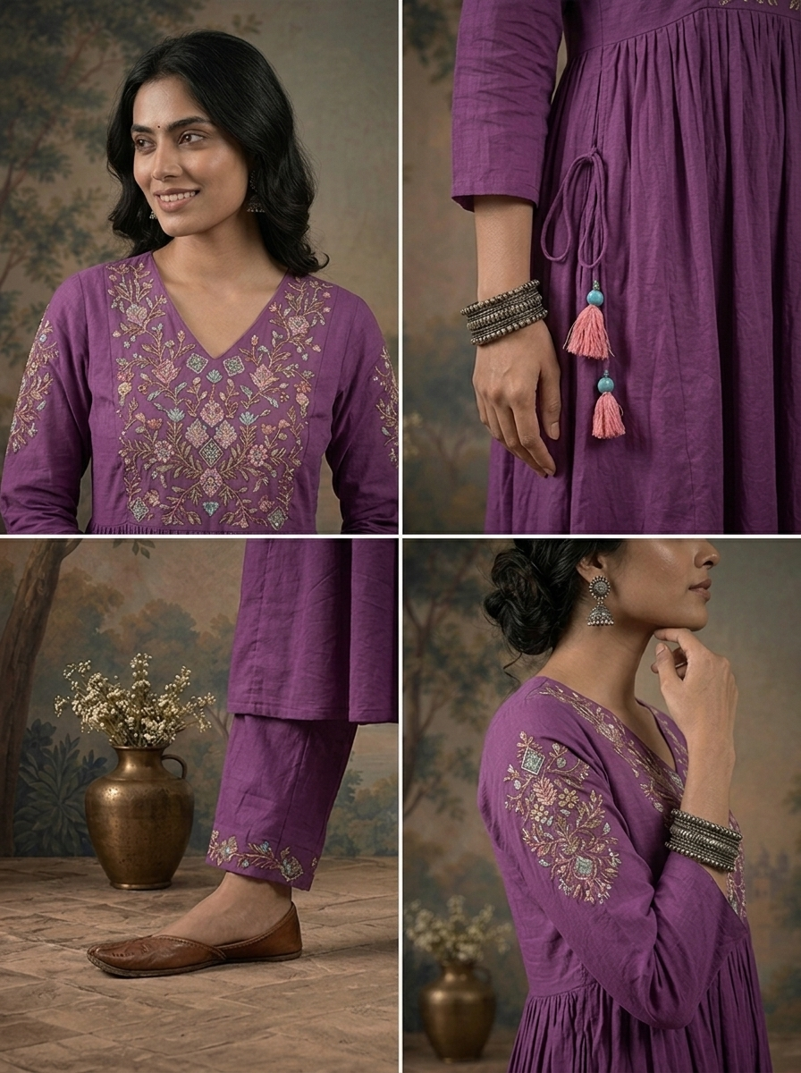 Purple Cotton Solid With Floral Resham Embroidered Three Piece Set