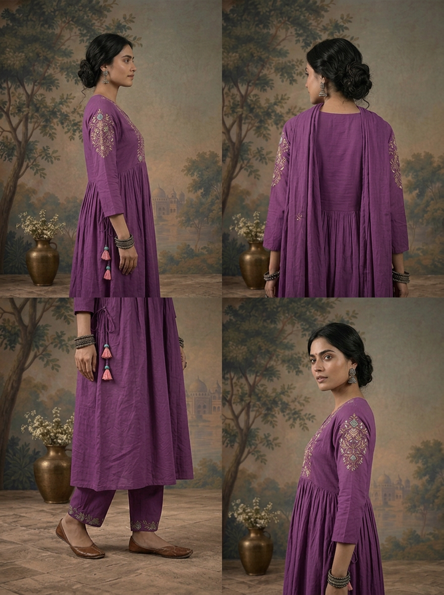 Purple Cotton Solid With Floral Resham Embroidered Three Piece Set