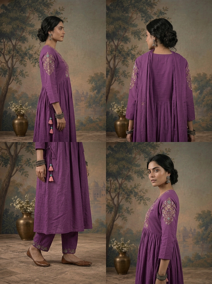Purple Cotton Solid With Floral Resham Embroidered Three Piece Set