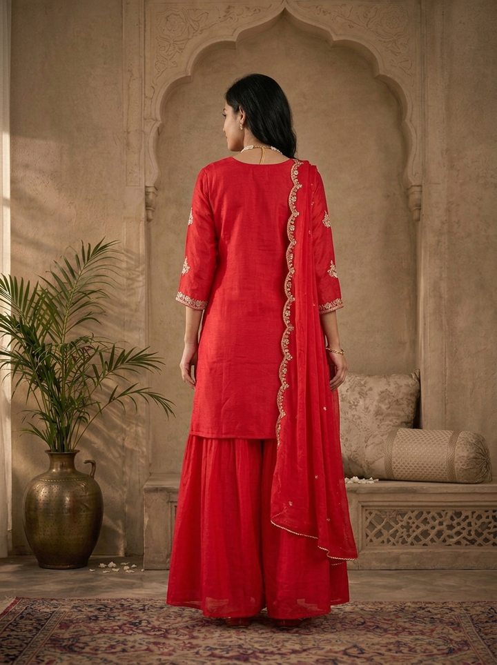 Rani Pink Silk Silver Zari Embroidered Three Piece Set