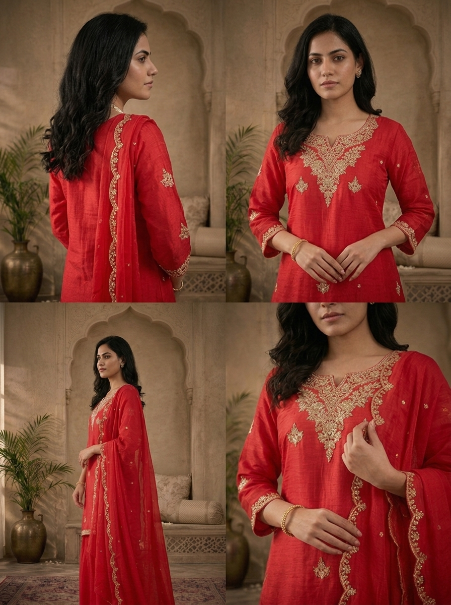 Rani Pink Silk Silver Zari Embroidered Three Piece Set