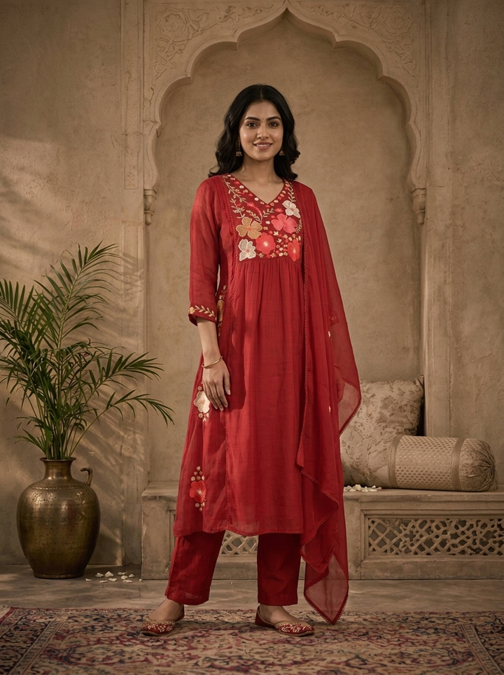 Maroon Muslin Floral Patch Embroidered Three Piece Set