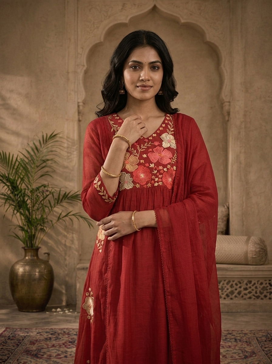 Maroon Muslin Floral Patch Embroidered Three Piece Set