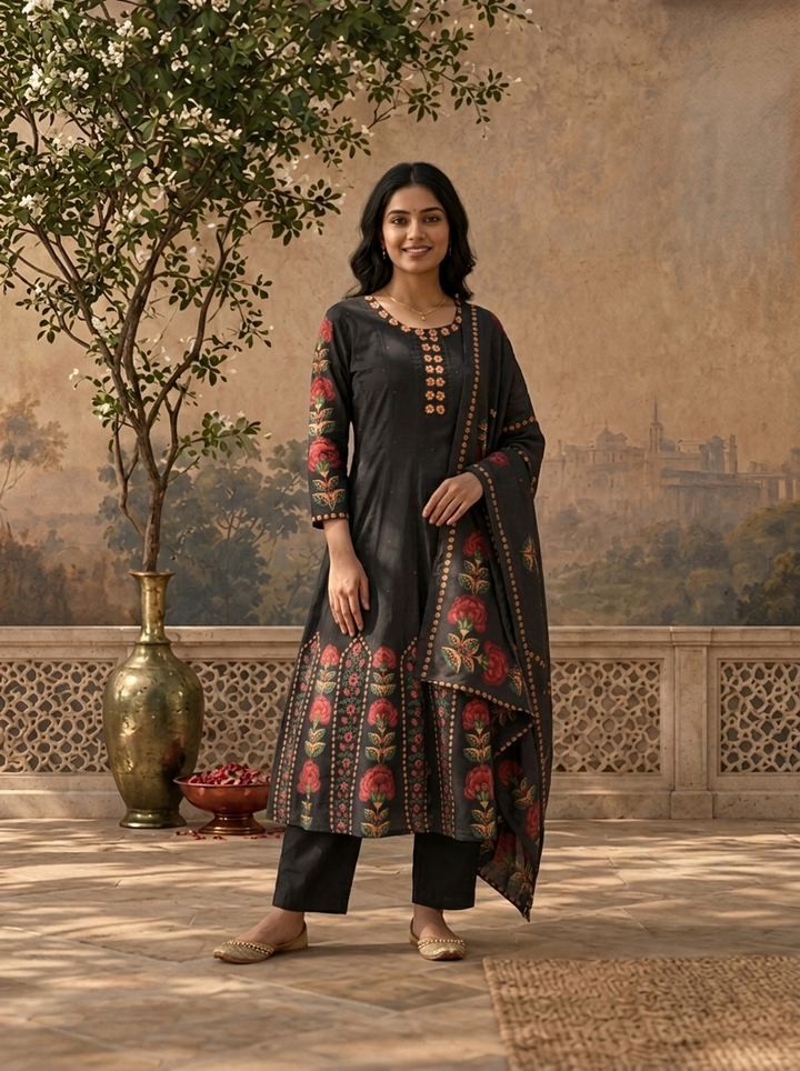 Black Cotton Mughal Floral Printed Three Piece Set
