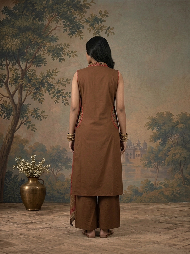 Brown Cotton Solid With Mandala Embroidered Three Piece Set