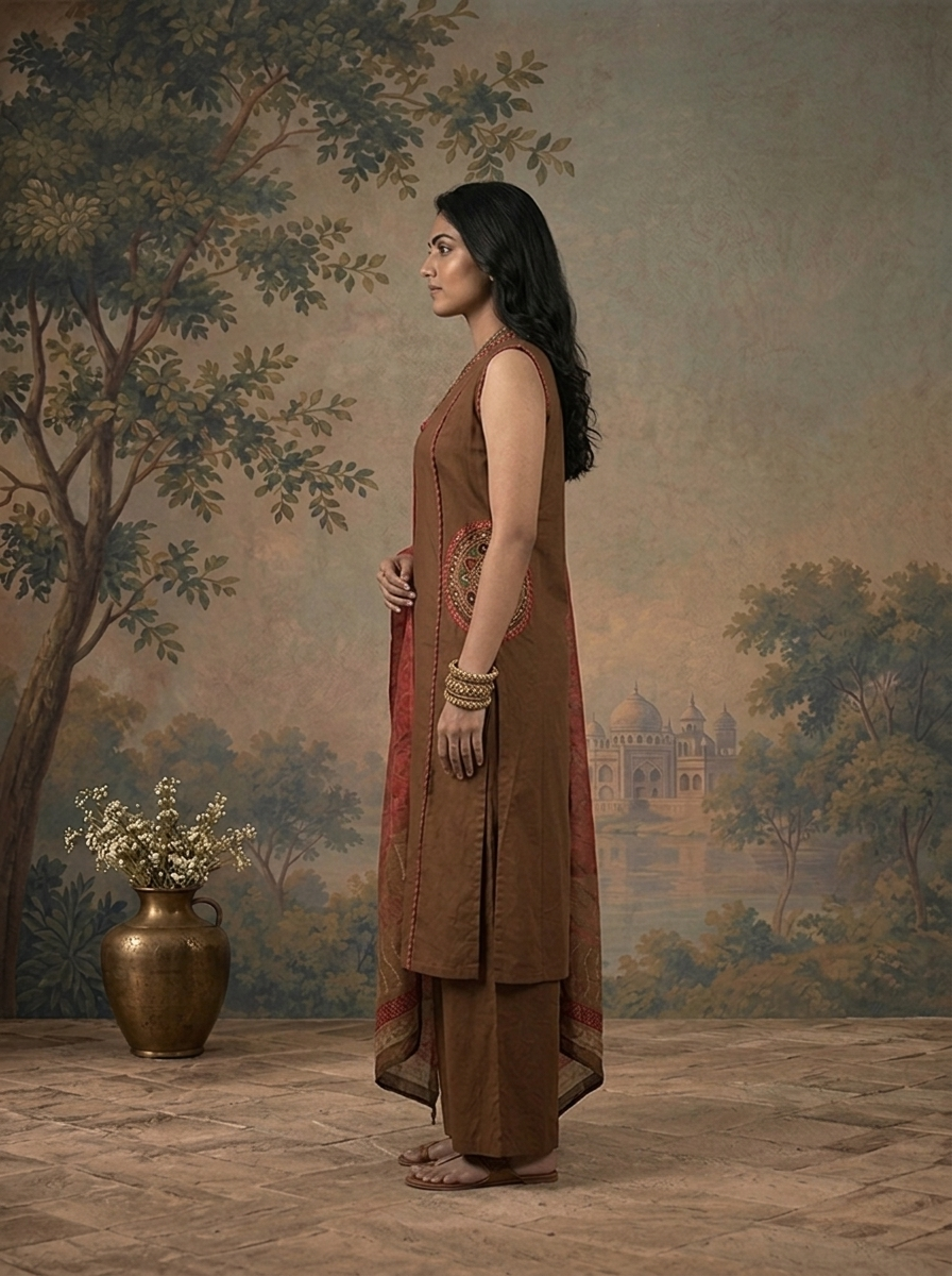 Brown Cotton Solid With Mandala Embroidered Three Piece Set
