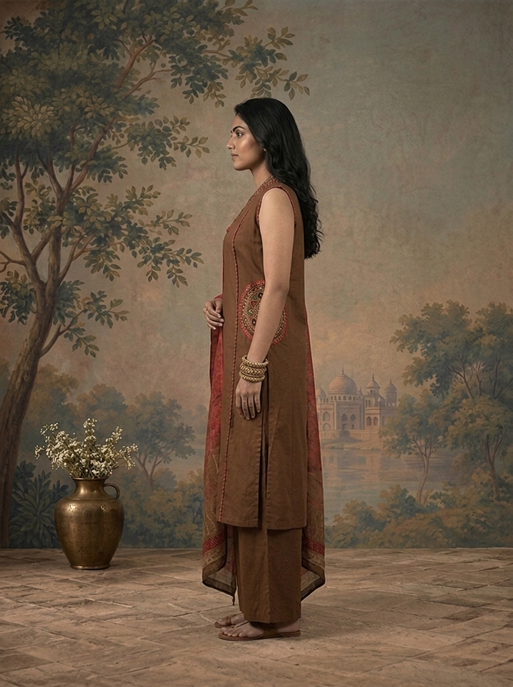 Brown Cotton Solid With Mandala Embroidered Three Piece Set
