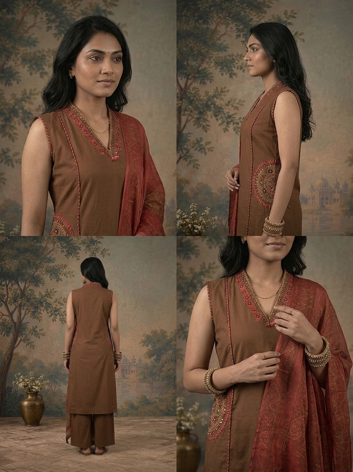 Brown Cotton Solid With Mandala Embroidered Three Piece Set