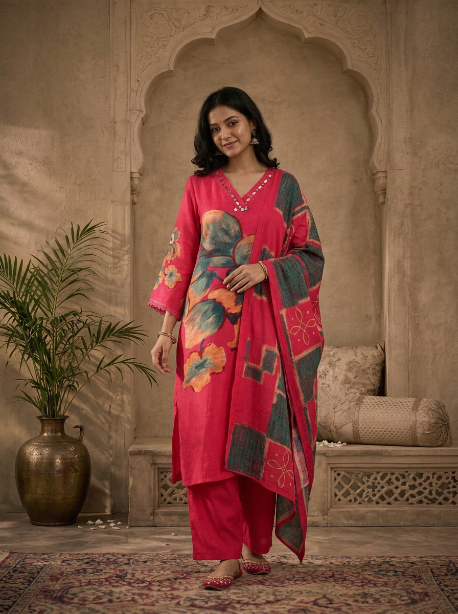 Rani Linen Large Floral Printed Three Piece Set