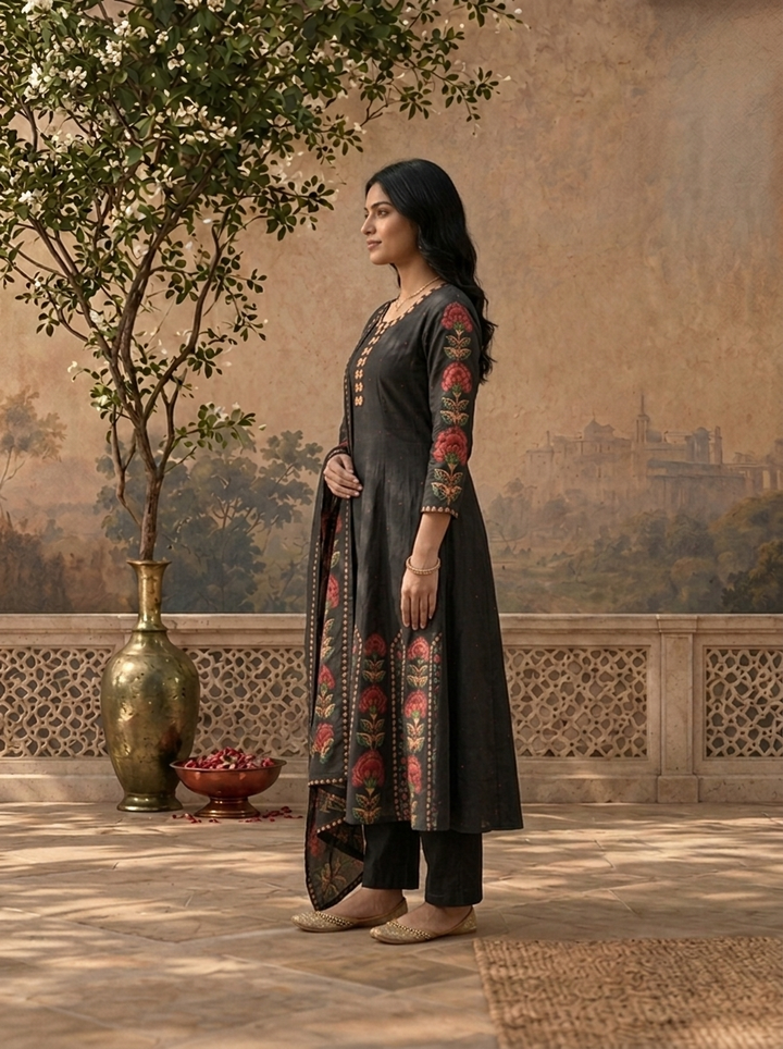 Black Cotton Mughal Floral Printed Three Piece Set
