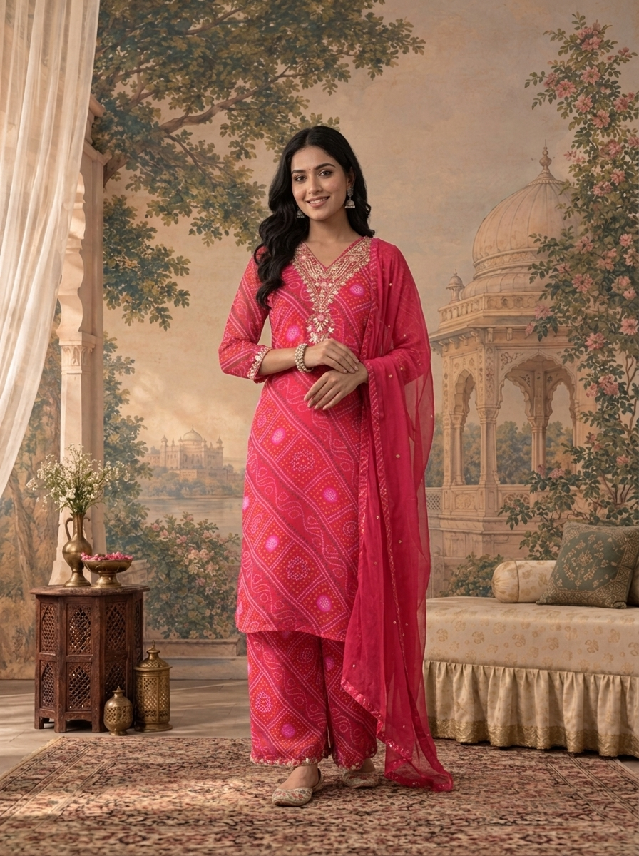 Rani Georgette Bandhani Bandhej Diagonal Diamond Printed Three Piece Set