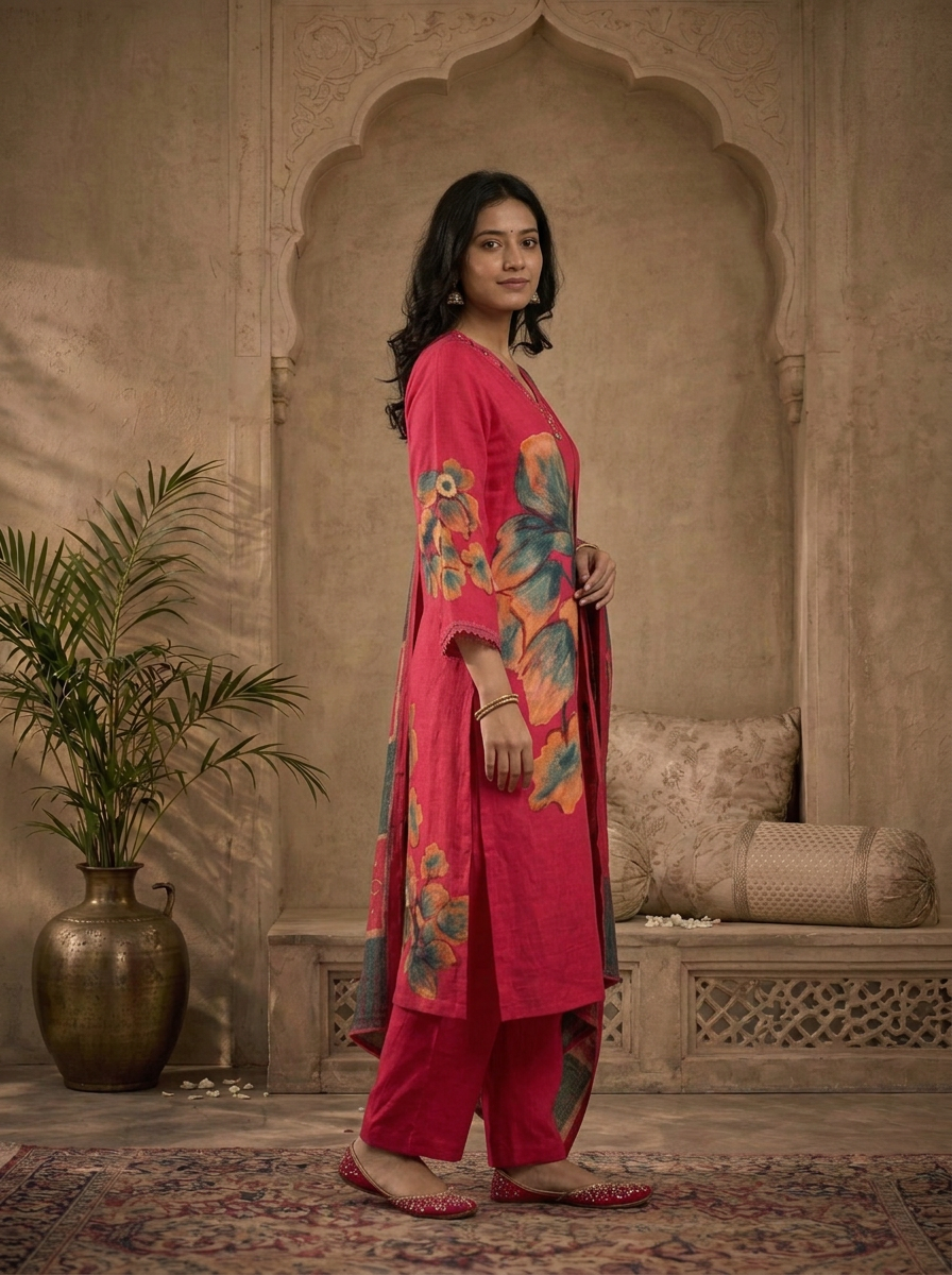 Rani Linen Large Floral Printed Three Piece Set