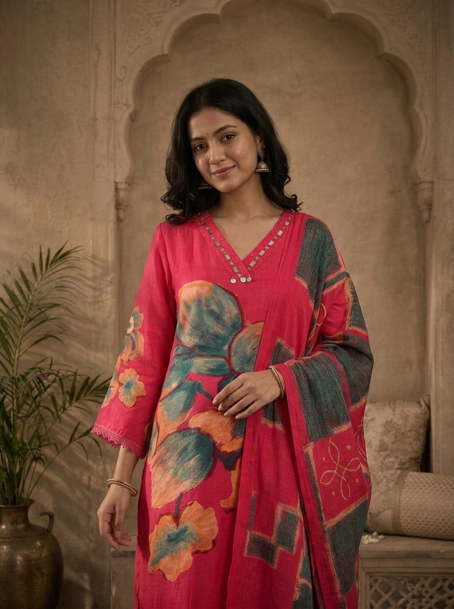 Rani Linen Large Floral Printed Three Piece Set