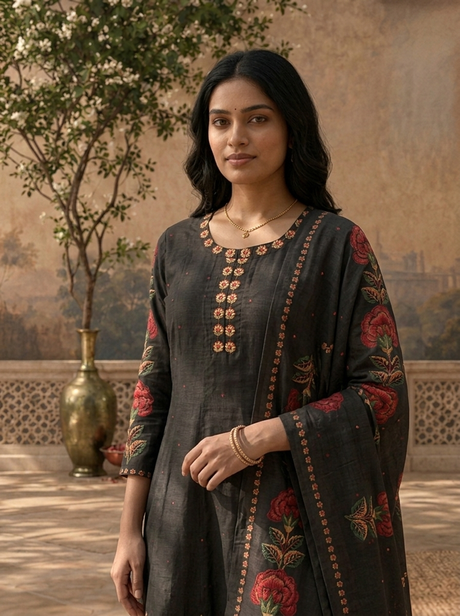 Black Cotton Mughal Floral Printed Three Piece Set