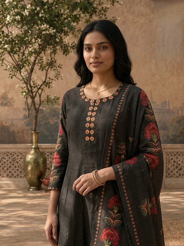Black Cotton Mughal Floral Printed Three Piece Set