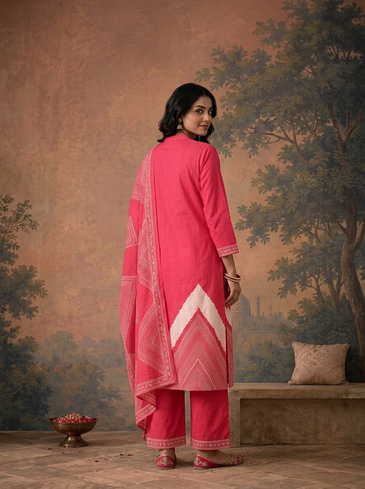 Pink Cotton Zigzag Chevron Printed Three Piece Set