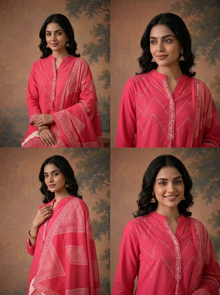 Pink Cotton Zigzag Chevron Printed Three Piece Set