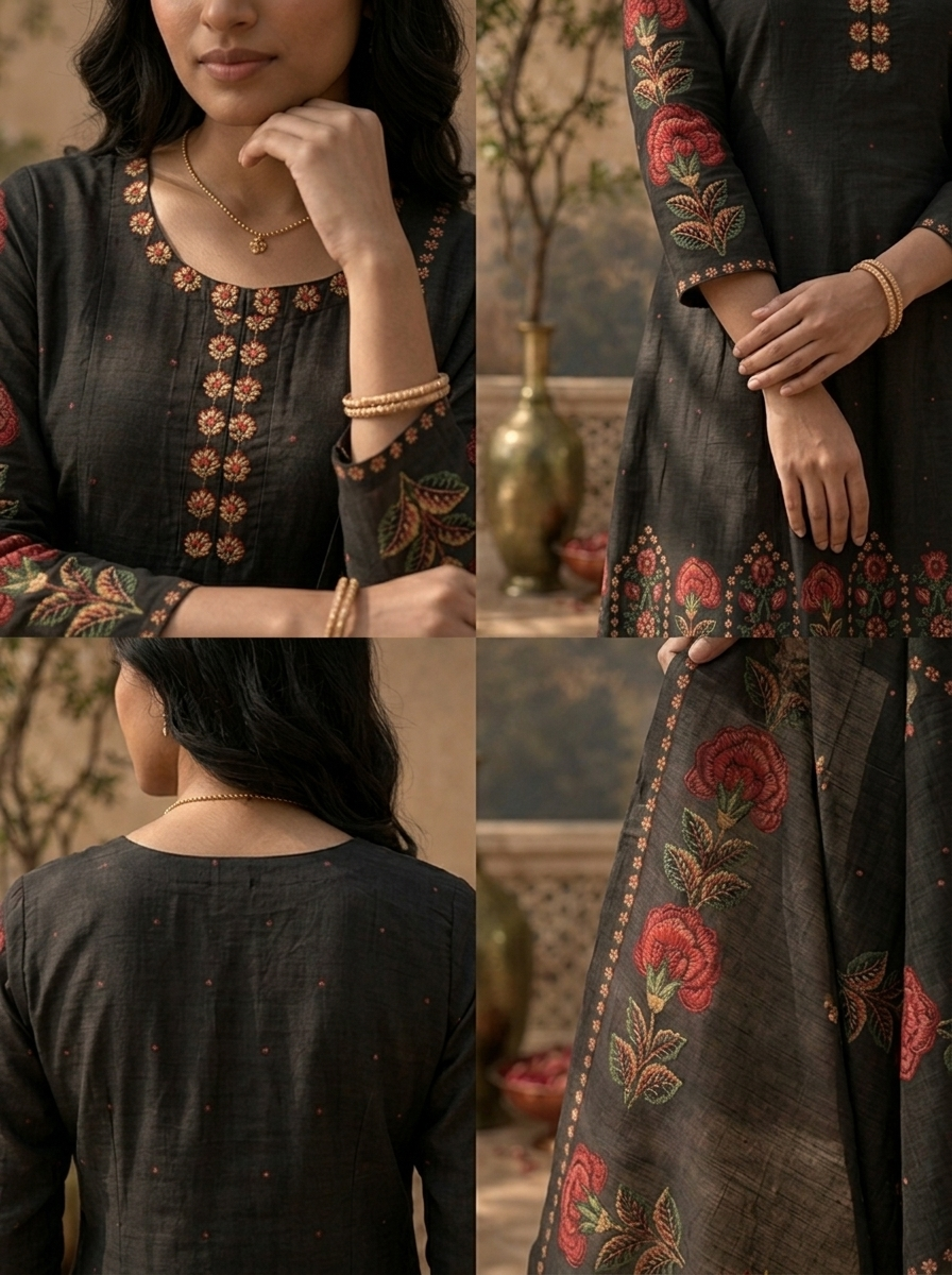 Black Cotton Mughal Floral Printed Three Piece Set