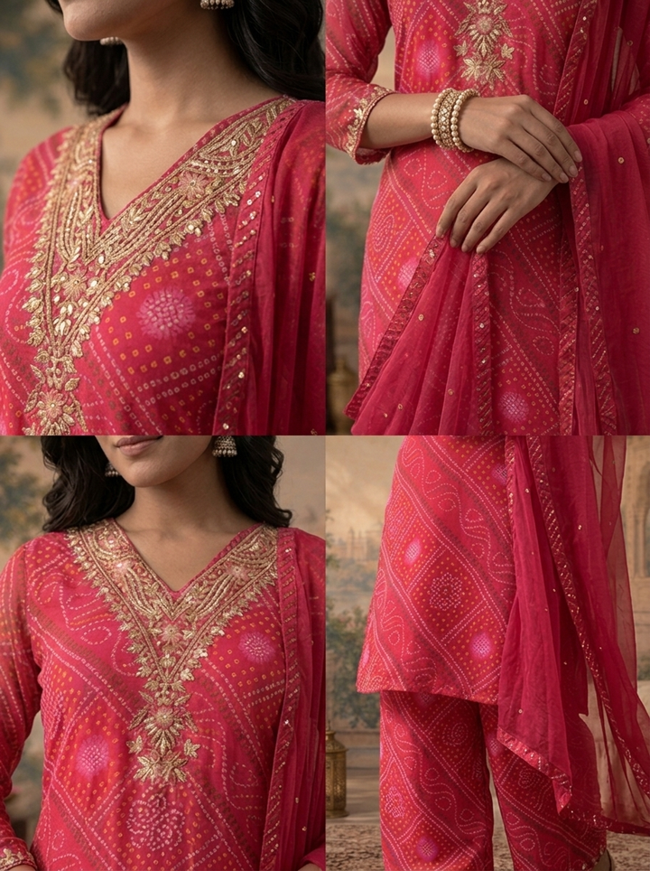 Rani Georgette Bandhani Bandhej Diagonal Diamond Printed Three Piece Set