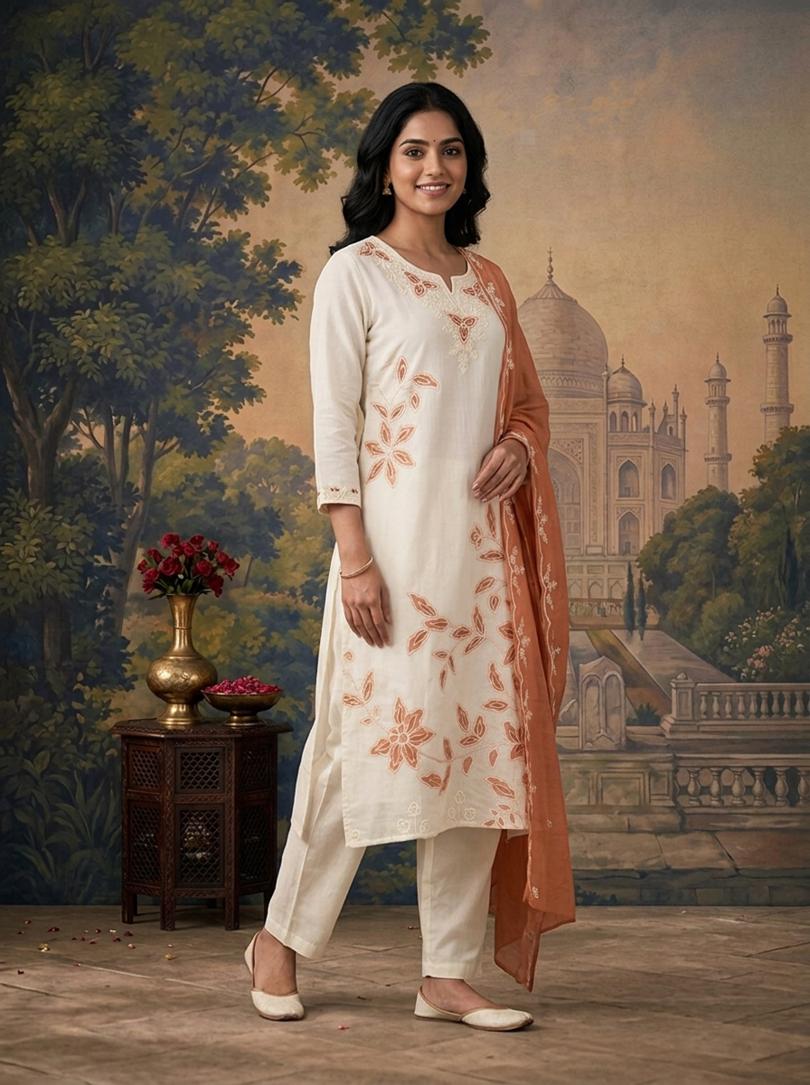 Peach Chanderi Floral Vine Patch Embroidered Three Piece Set