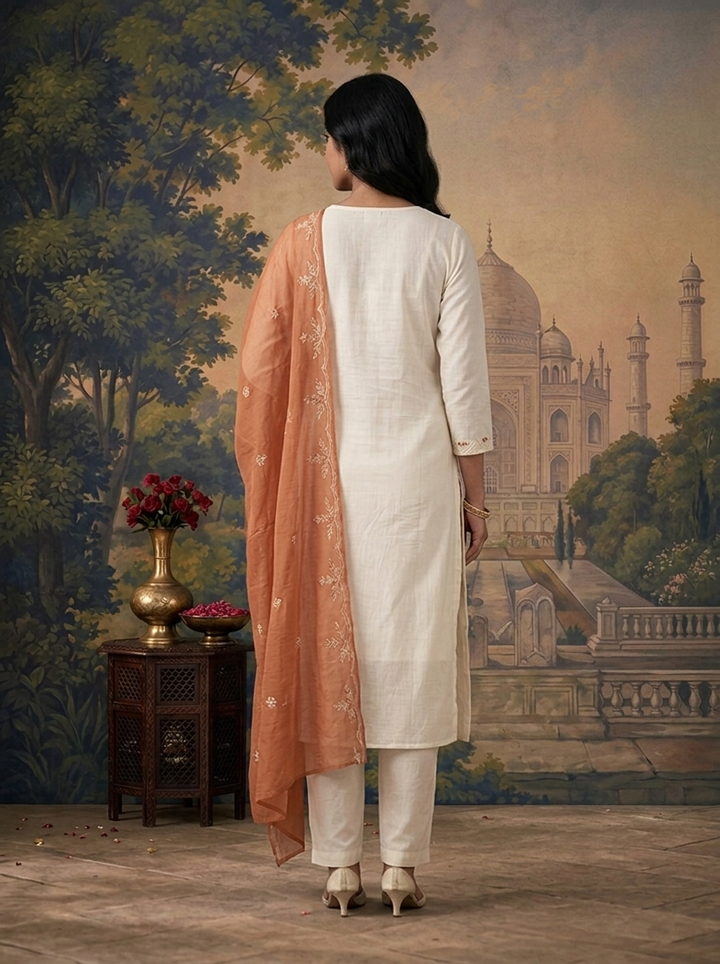 Peach Chanderi Floral Vine Patch Embroidered Three Piece Set