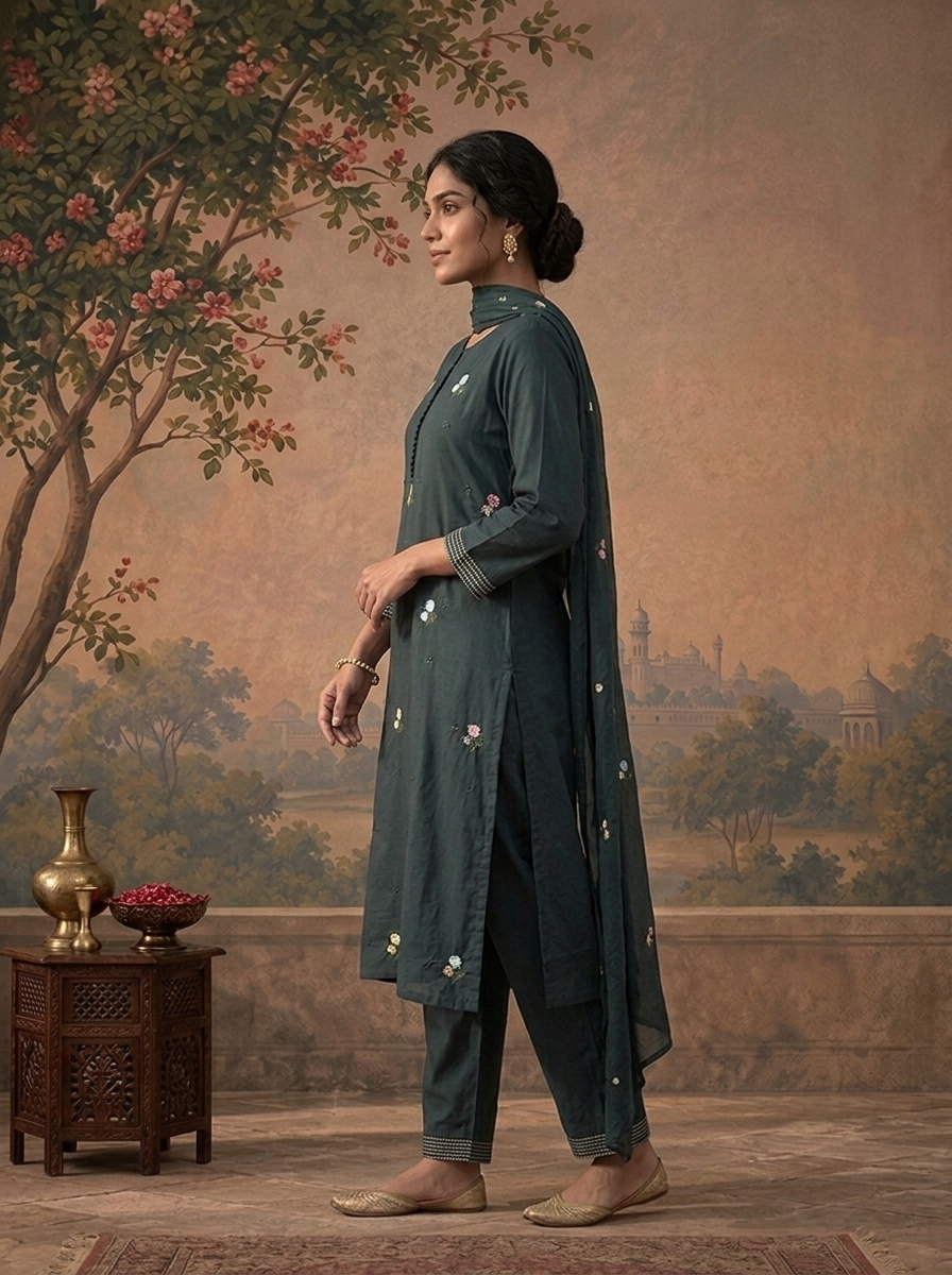 Teal Cotton Multicolor Floral Buti Embroidered Three Piece Set