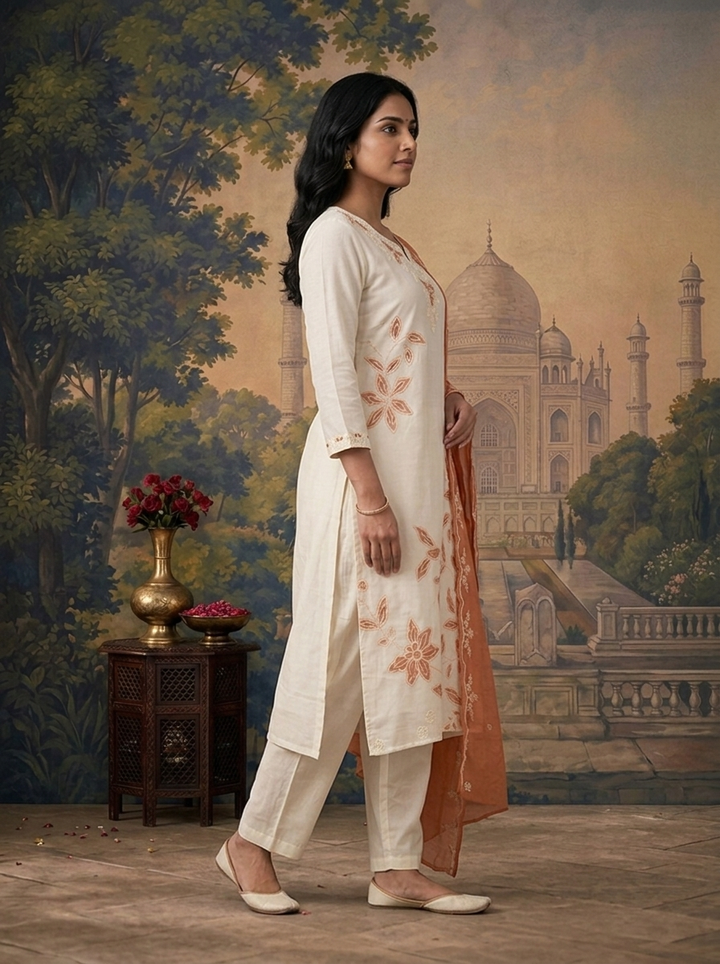 Peach Chanderi Floral Vine Patch Embroidered Three Piece Set