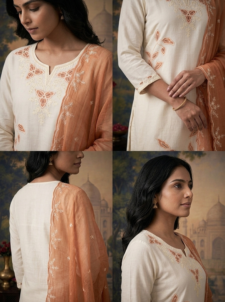 Peach Chanderi Floral Vine Patch Embroidered Three Piece Set