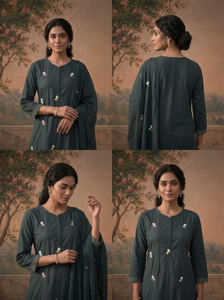 Teal Cotton Multicolor Floral Buti Embroidered Three Piece Set