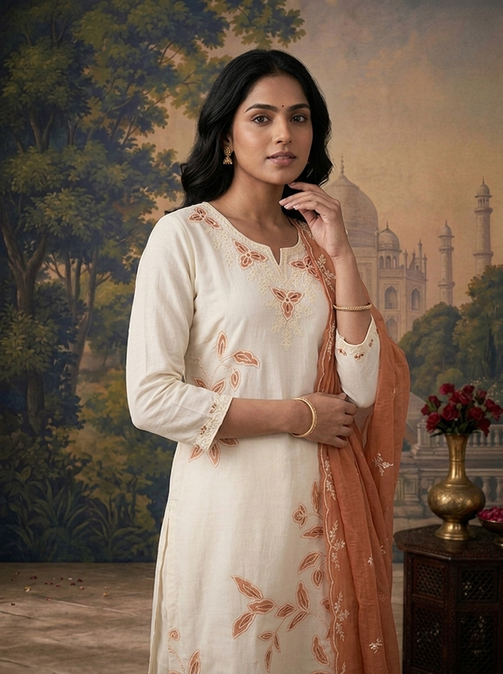 Peach Chanderi Floral Vine Patch Embroidered Three Piece Set